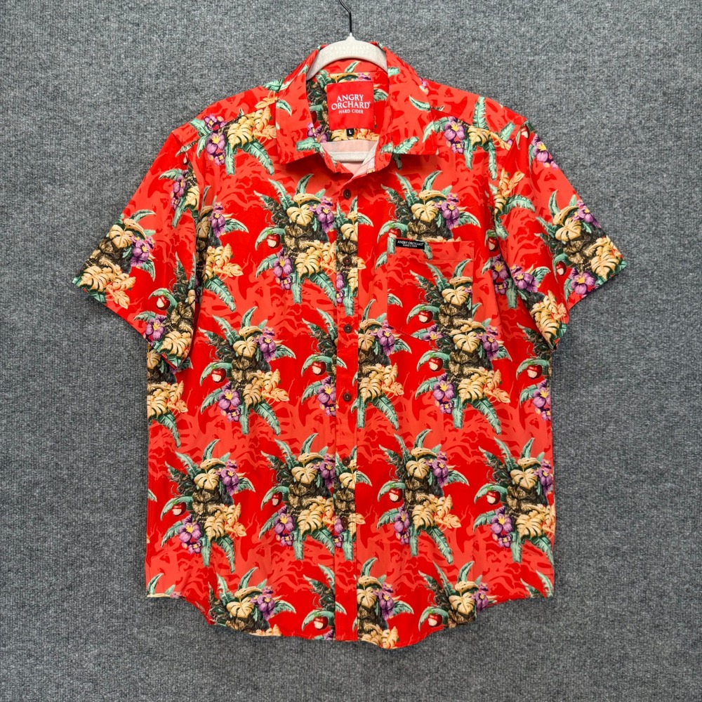 Angry Orchard Button Down Shirt Mens Large Tropical Apple Floral Cider Hawaiian
